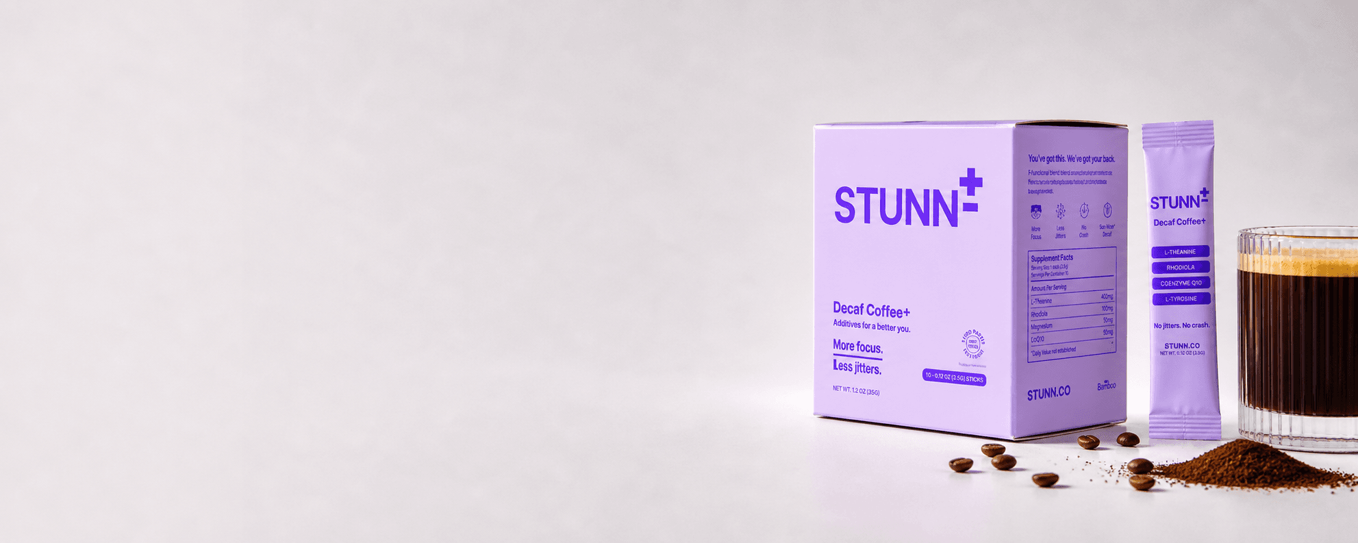 STUNN Decaf Coffee box, sachet, and coffee