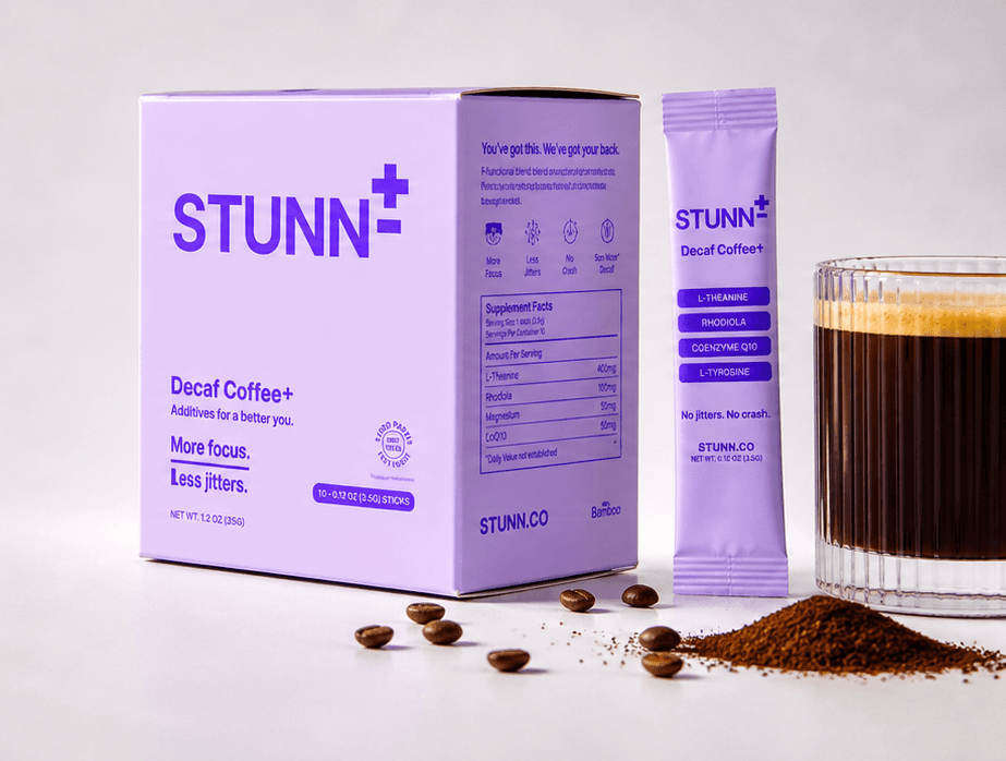 STUNN box, sachet, coffee glass, beans, and coffee grounds